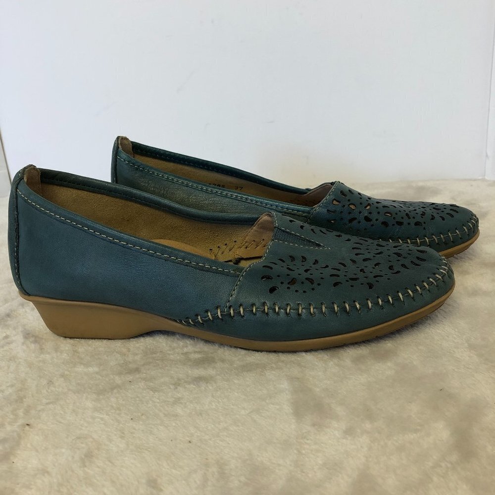 Pavers Teal Perforated Leather Slip On Shoes Size 37 (6.5 US)